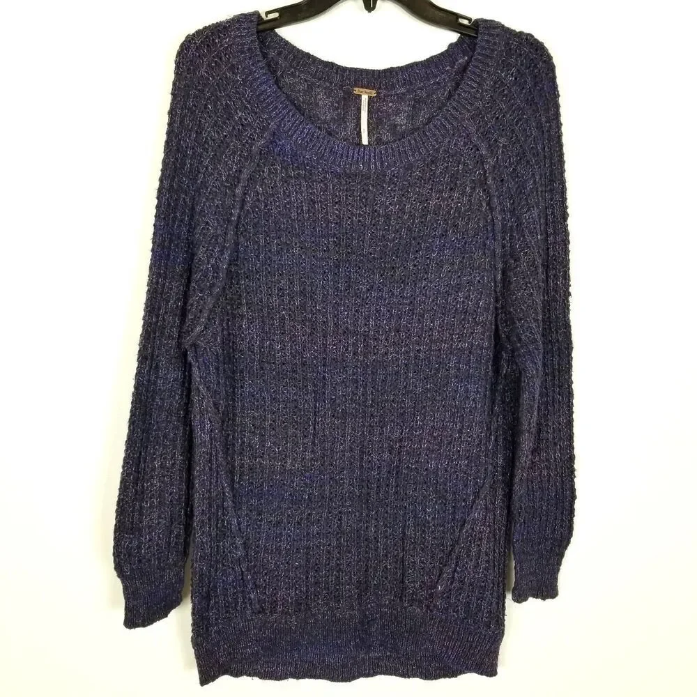 Free People Women Chunky Knit‎ Sweater Pullover Sz S Purple Boho Cozy Cotton